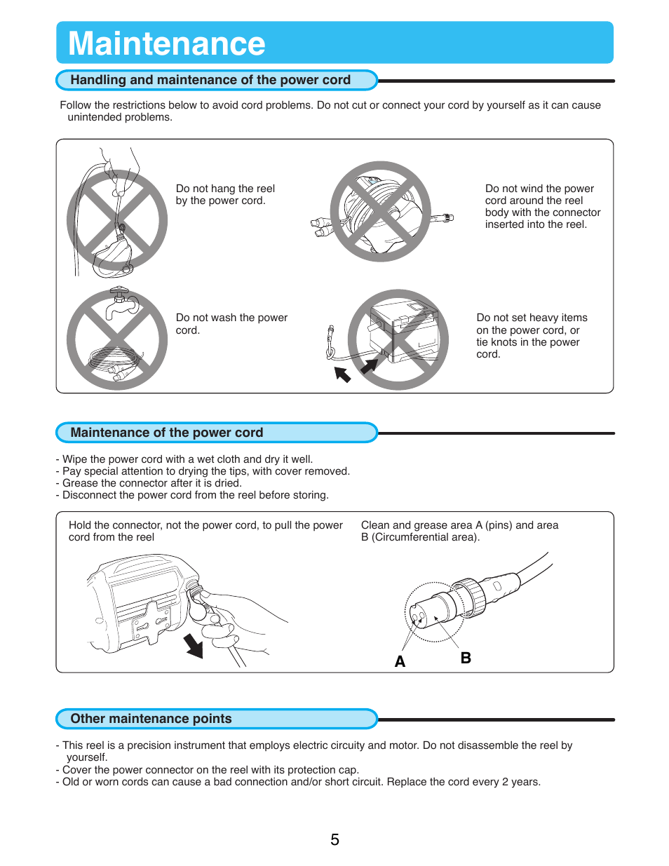 Handling and maintenance of the power cord, Maintenance of the power cord, Other maintenance points | Maintenance | Daiwa TANACOM 1000 User Manual | Page 7 / 38