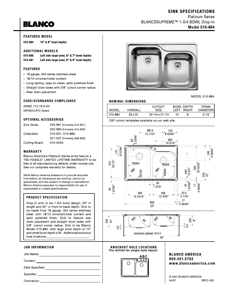 Blanco 510-884 User Manual | 1 page