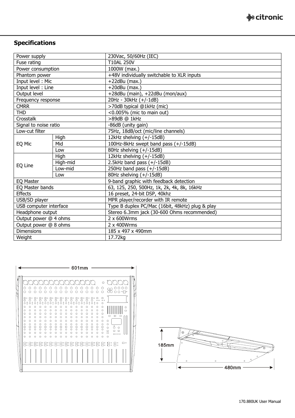 Specifications | Citronic CLP1200 User Manual | Page 14 / 16