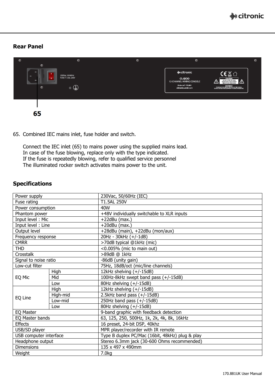 Rear panel, Specifications | Citronic CL1200 User Manual | Page 13 / 16