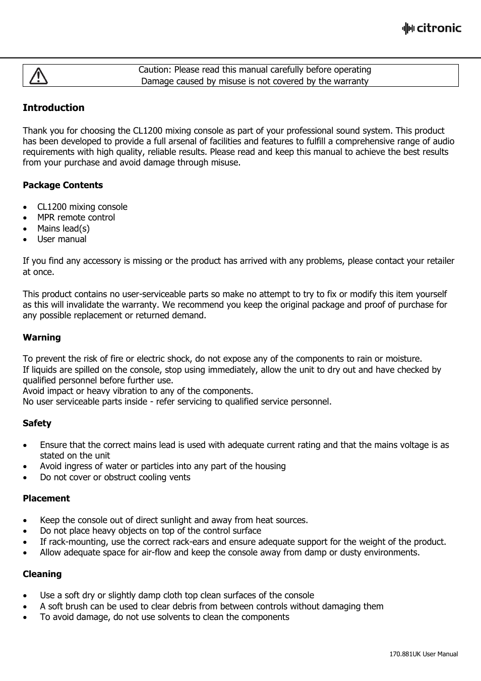 Citronic CL1200 User Manual | Page 2 / 16