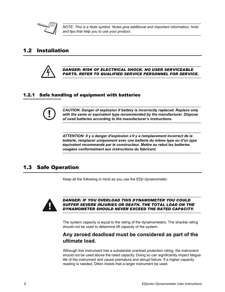 2 installation, 1 safe handling of equipment with batteries, 3 safe operation | Installation, Safe handling of equipment with batteries, Safe operation | Dillon EDjunior (Old) User Manual | Page 6 / 24