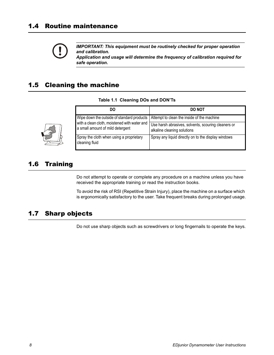 4 routine maintenance, 5 cleaning the machine, 6 training | 7 sharp objects | Dillon EDjunior (Old) User Manual | Page 8 / 24