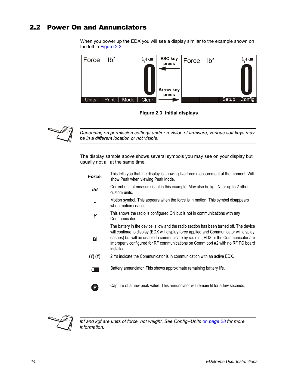 2 power on and annunciators, Power on and annunciators | Dillon EDXtreme (Old) User Manual | Page 14 / 50