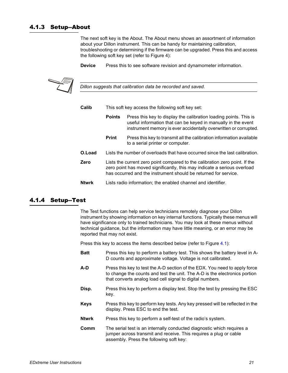 3 setup--about, 4 setup--test, Setup--about setup--test | Dillon EDXtreme (Old) User Manual | Page 21 / 50