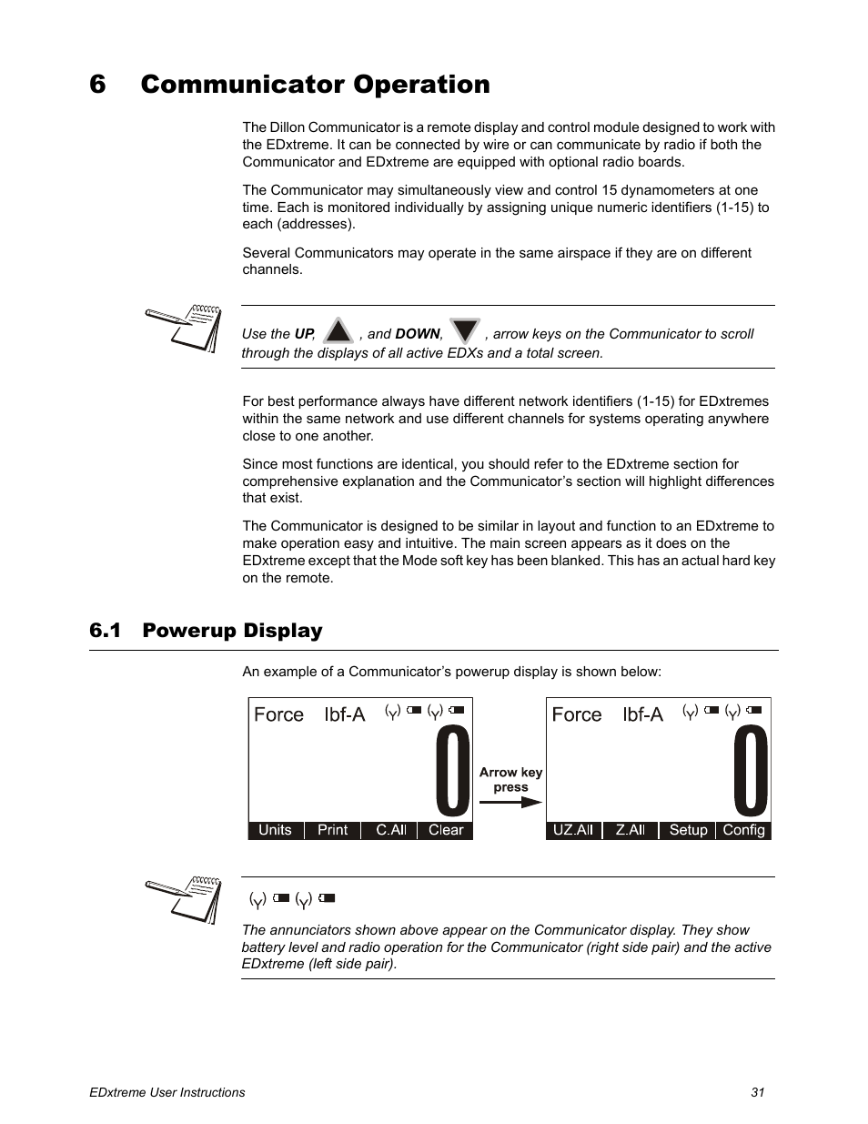 6 communicator operation, 1 powerup display, Chapter 6 communicator operation | Powerup display | Dillon EDXtreme (Old) User Manual | Page 31 / 50