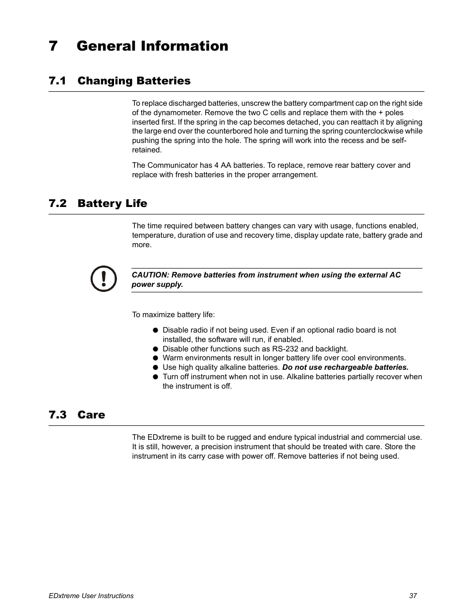 7 general information, 1 changing batteries, 2 battery life | 3 care, Chapter 7 general information, Changing batteries battery life care | Dillon EDXtreme (Old) User Manual | Page 37 / 50