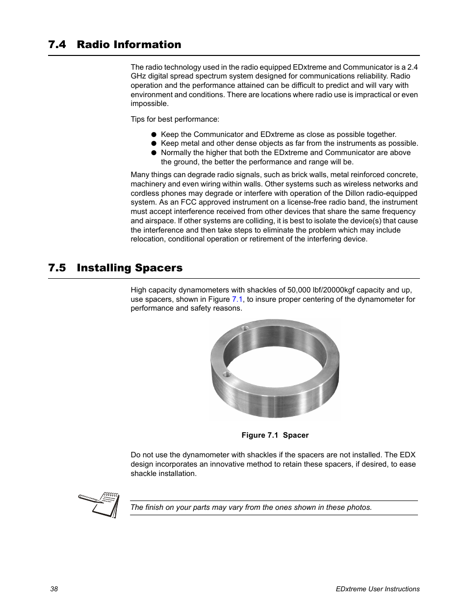 4 radio information, 5 installing spacers, Radio information installing spacers | Dillon EDXtreme (Old) User Manual | Page 38 / 50