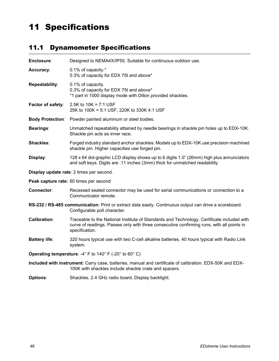 11 specifications, 1 dynamometer specifications, Chapter 11 specifications | Dynamometer specifications | Dillon EDXtreme (Old) User Manual | Page 46 / 50