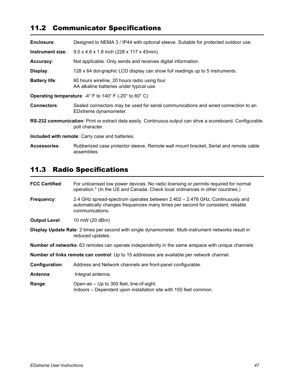 2 communicator specifications, 3 radio specifications, Communicator specifications radio specifications | Dillon EDXtreme (Old) User Manual | Page 47 / 50