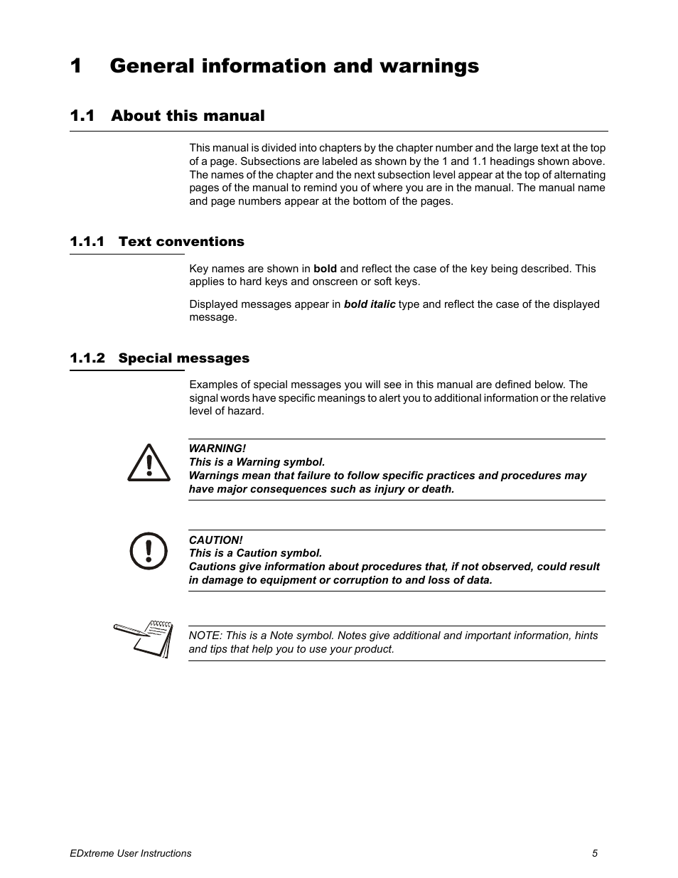 1 general information and warnings, 1 about this manual, 1 text conventions | 2 special messages, Chapter 1 general information and warnings, About this manual, Text conventions special messages | Dillon EDXtreme (Old) User Manual | Page 5 / 50