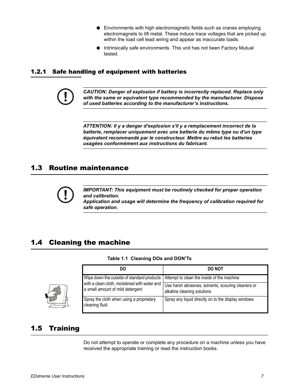 1 safe handling of equipment with batteries, 3 routine maintenance, 4 cleaning the machine | 5 training, Safe handling of equipment with batteries, Routine maintenance cleaning the machine training | Dillon EDXtreme (Old) User Manual | Page 7 / 50