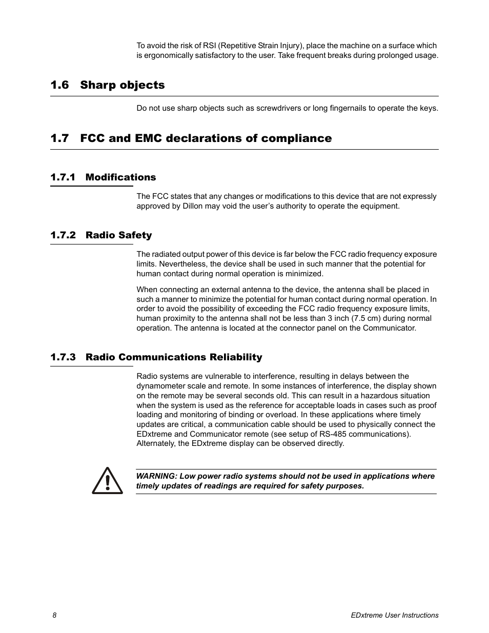 6 sharp objects, 7 fcc and emc declarations of compliance, 1 modifications | 2 radio safety, 3 radio communications reliability | Dillon EDXtreme (Old) User Manual | Page 8 / 50