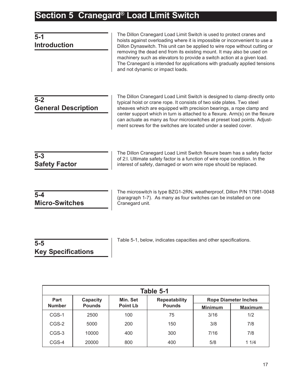 Load limit switch, Table 5-1 | Dillon DynaSwitch User Manual | Page 17 / 20