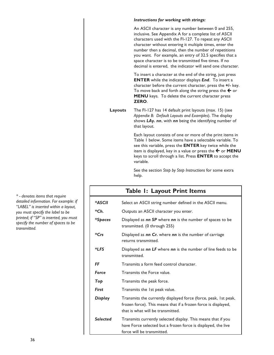 Table 1: layout print items | Dillon FI-127 User Manual | Page 36 / 68