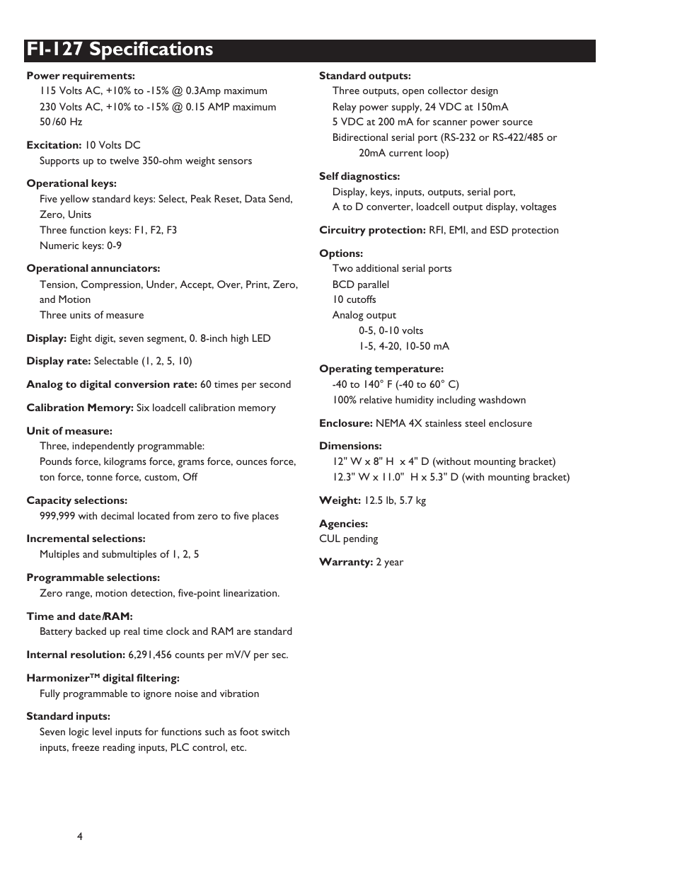 Fi-127 specifications | Dillon FI-127 User Manual | Page 4 / 68