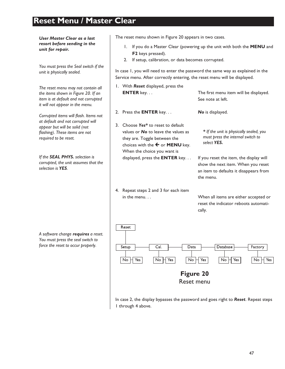 Reset menu / master clear, Figure 20 reset menu | Dillon FI-127 User Manual | Page 47 / 68