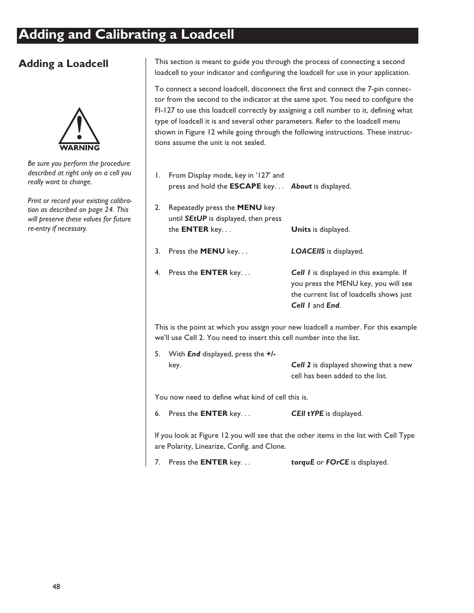 Adding and calibrating a loadcell, Adding a loadcell | Dillon FI-127 User Manual | Page 48 / 68