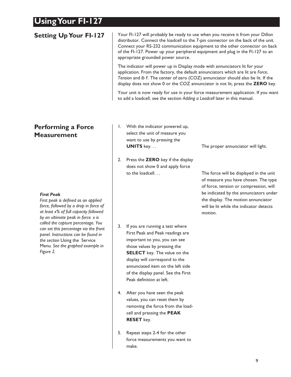 Using your fi-127, Setting up your fi-127, Performing a force measurement | Dillon FI-127 User Manual | Page 9 / 68