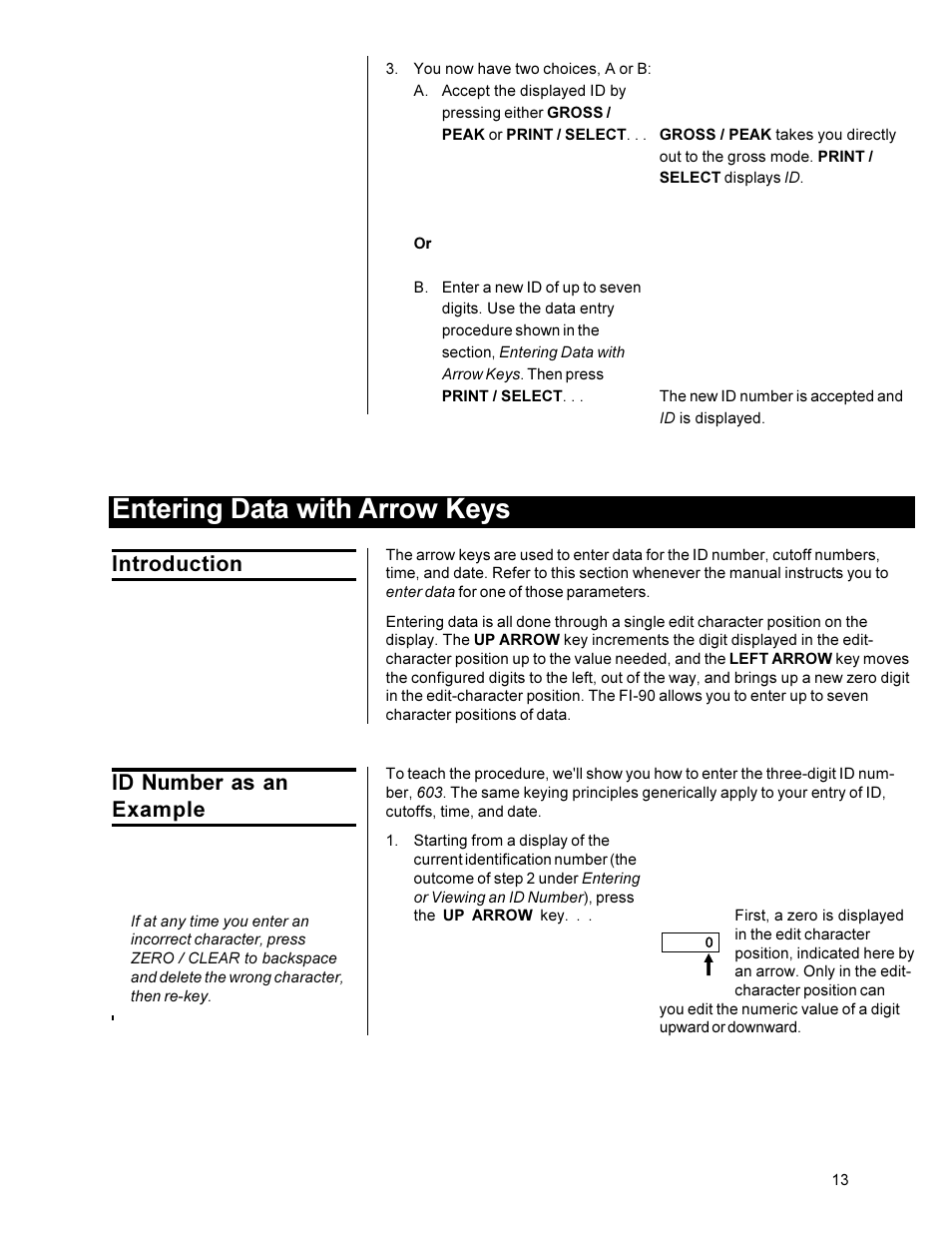Entering data with arrow keys, Introduction id number as an example | Dillon FI-90 User Manual | Page 13 / 24