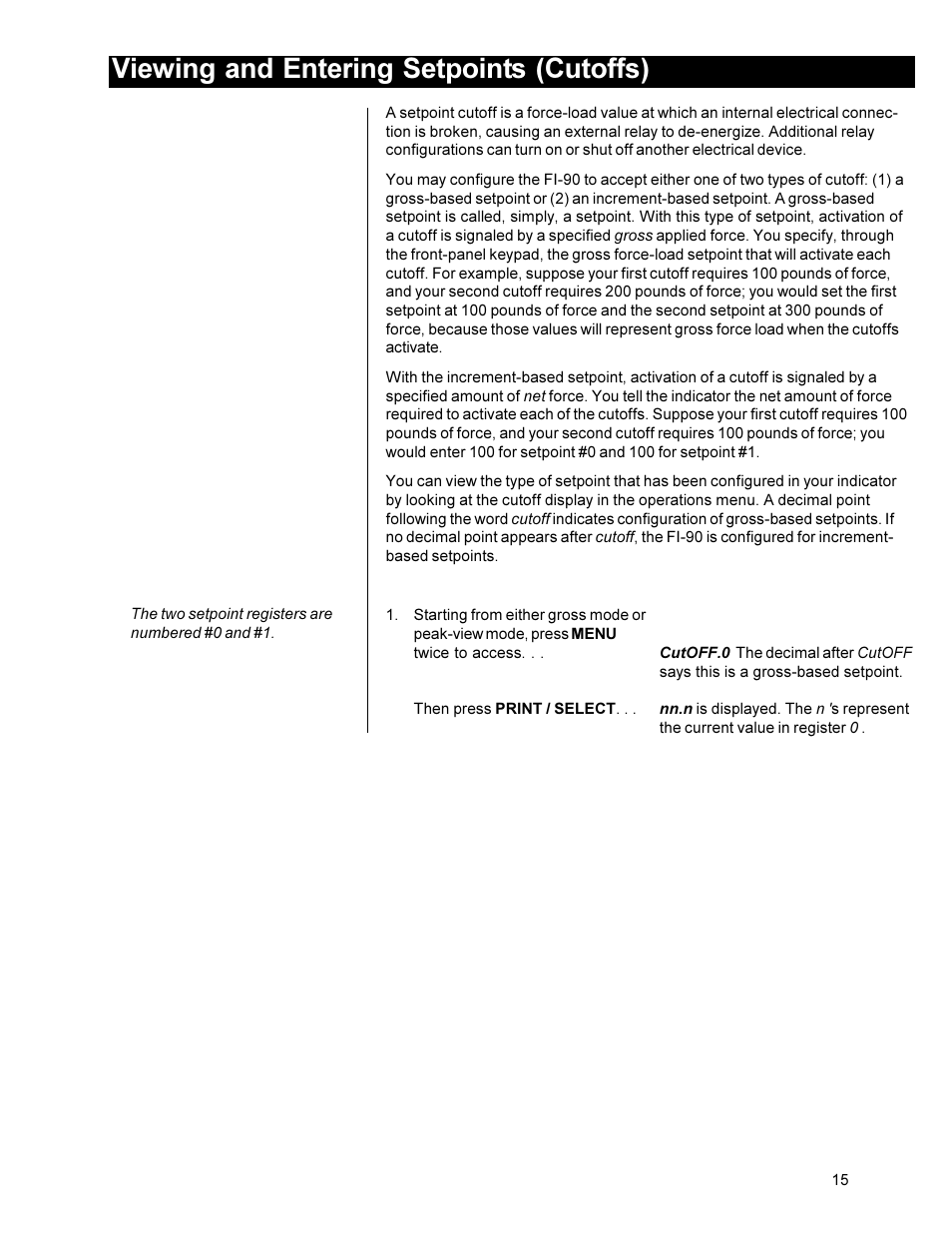 Viewing and entering setpoints (cutoffs) | Dillon FI-90 User Manual | Page 15 / 24