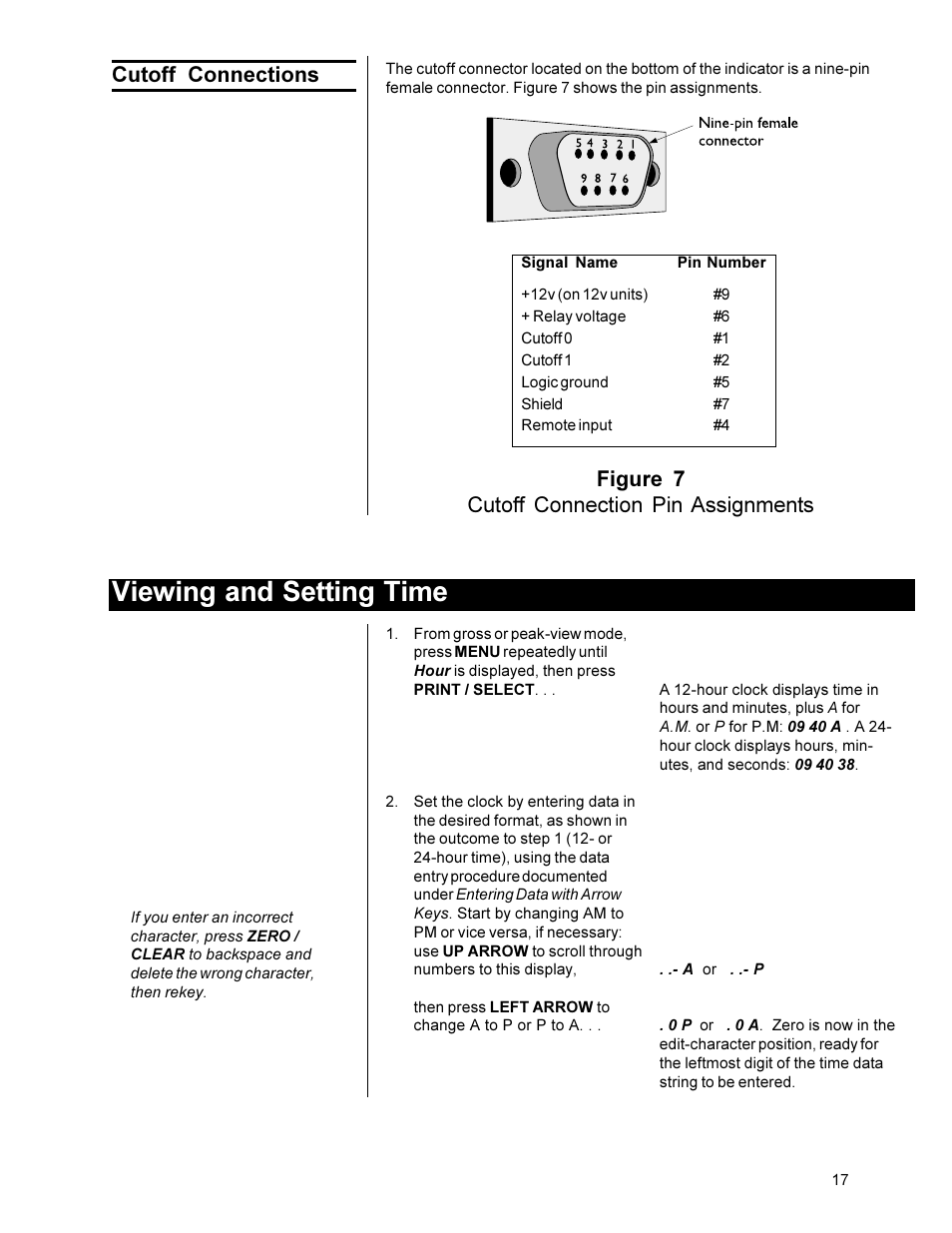 Viewing and setting time, Figure 7 cutoff connection pin assignments, Cutoff connections | Dillon FI-90 User Manual | Page 17 / 24