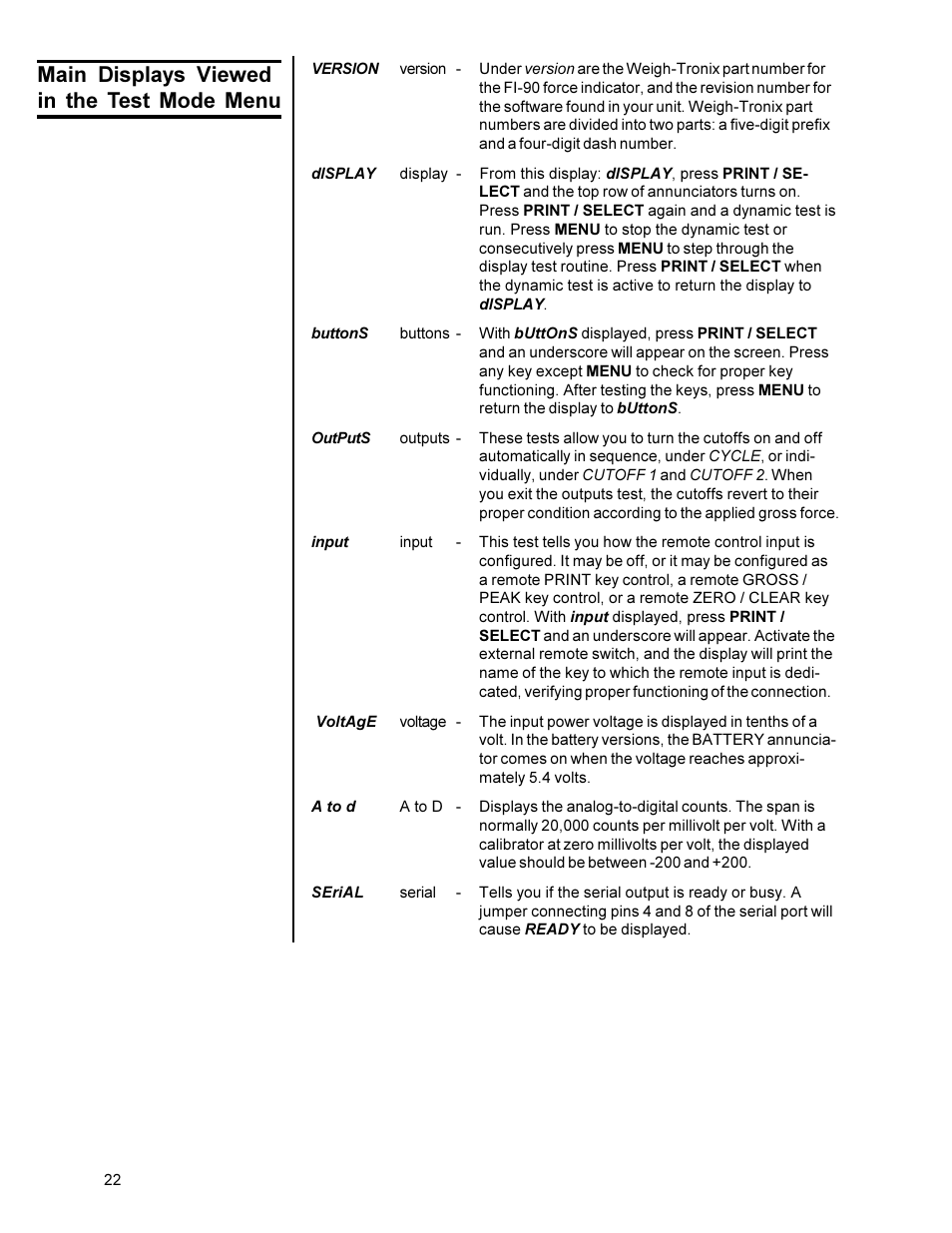 Main displays viewed in the test mode menu | Dillon FI-90 User Manual | Page 22 / 24