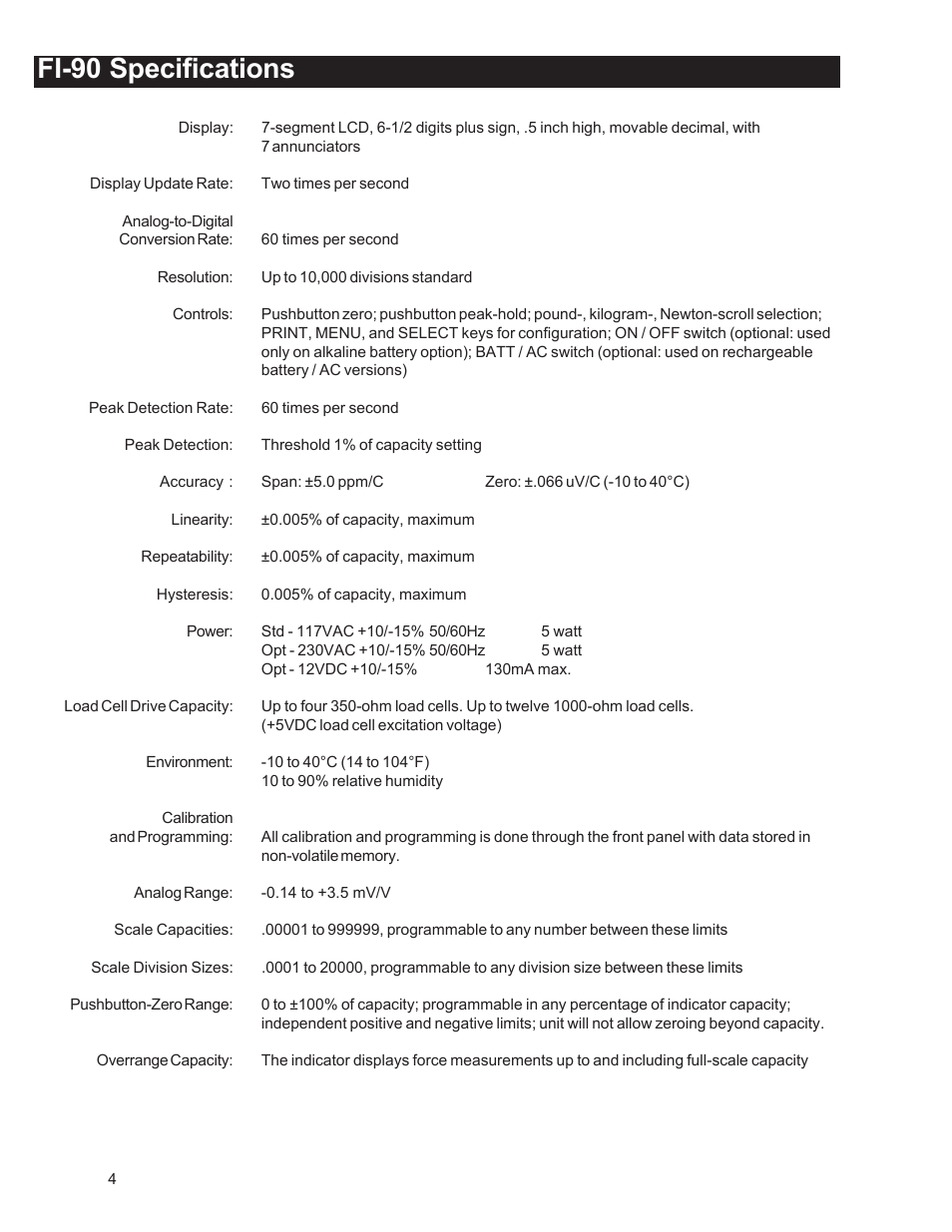 Fi-90 specifications | Dillon FI-90 User Manual | Page 4 / 24