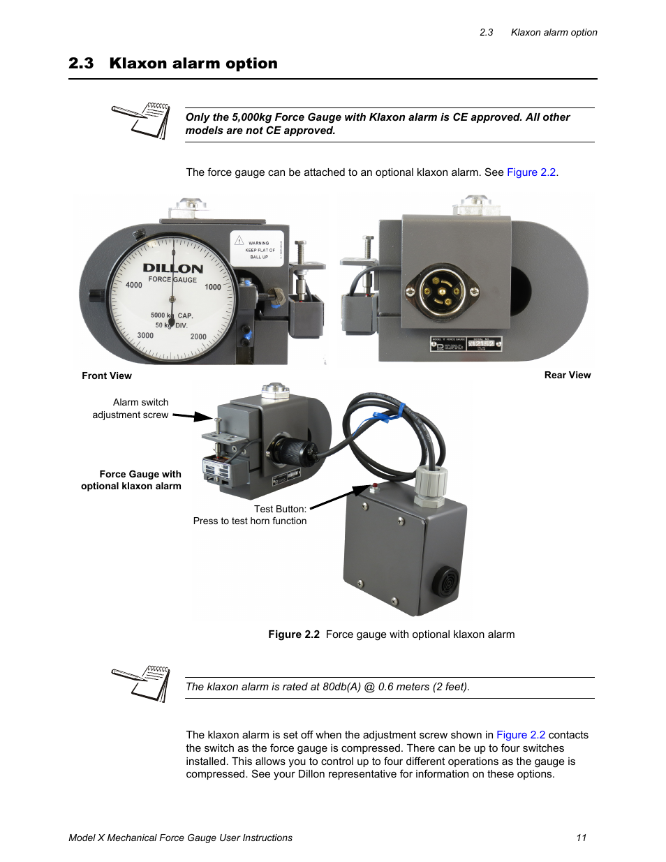 3 klaxon alarm option, Klaxon alarm option | Dillon X Force Gauge User Manual | Page 11 / 18