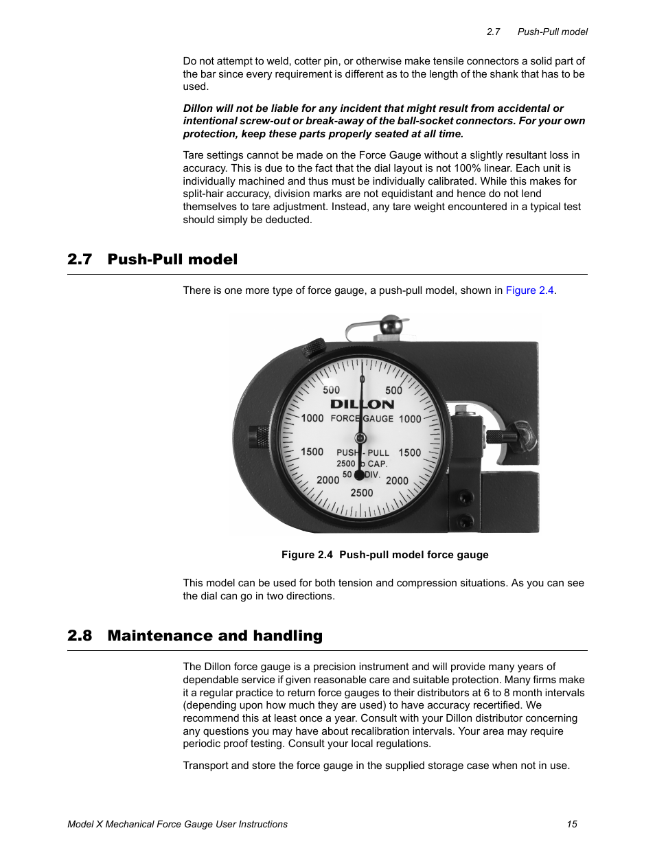 7 push-pull model, 8 maintenance and handling, Push-pull model maintenance and handling | Dillon X Force Gauge User Manual | Page 15 / 18