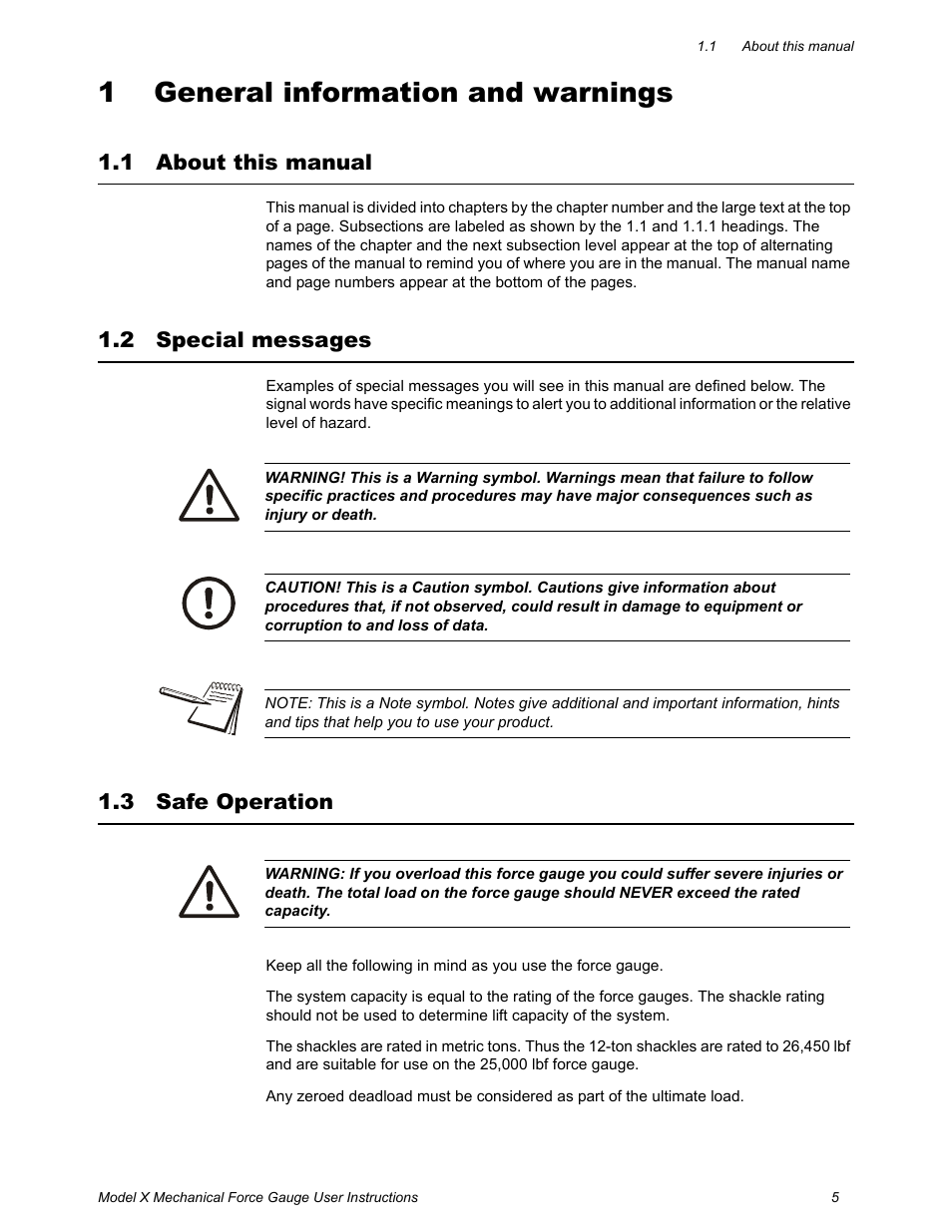 1 general information and warnings, 1 about this manual, 2 special messages | 3 safe operation, Chapter 1 general information and warnings, About this manual special messages safe operation | Dillon X Force Gauge User Manual | Page 5 / 18