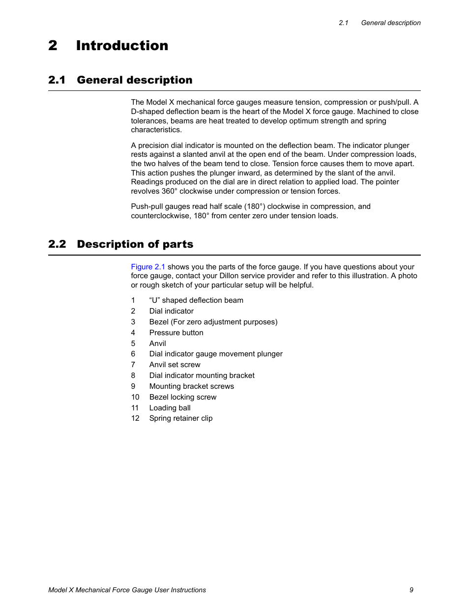 2 introduction, 1 general description, 2 description of parts | Chapter 2 introduction, General description description of parts | Dillon X Force Gauge User Manual | Page 9 / 18