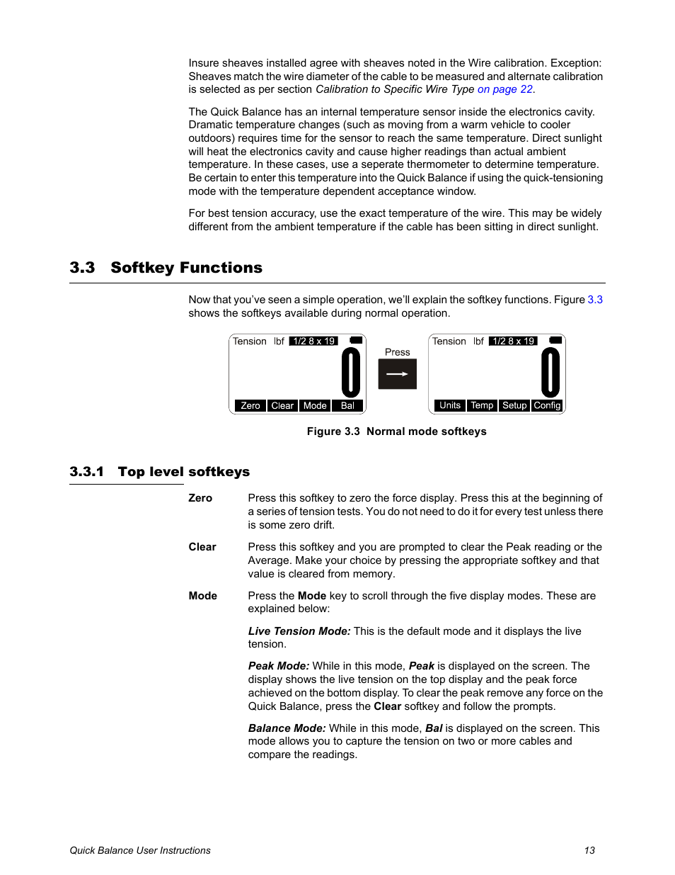 3 softkey functions, 1 top level softkeys, Softkey functions | Top level softkeys | Dillon Quick Balance Tension Meter User Manual | Page 13 / 26