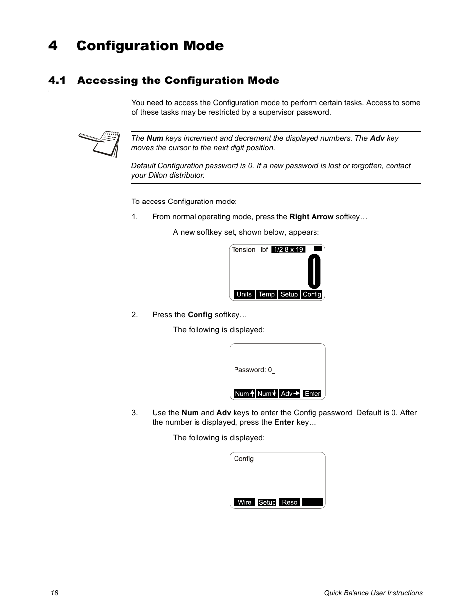 4 configuration mode, 1 accessing the configuration mode, Chapter 4 configuration mode | Accessing the configuration mode, Configuration mode | Dillon Quick Balance Tension Meter User Manual | Page 18 / 26