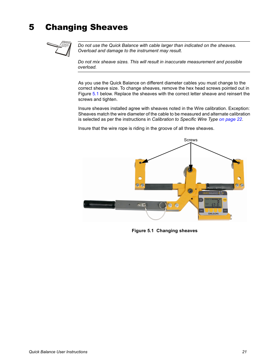 5 changing sheaves, Chapter 5 changing sheaves, Changing sheaves | Dillon Quick Balance Tension Meter User Manual | Page 21 / 26