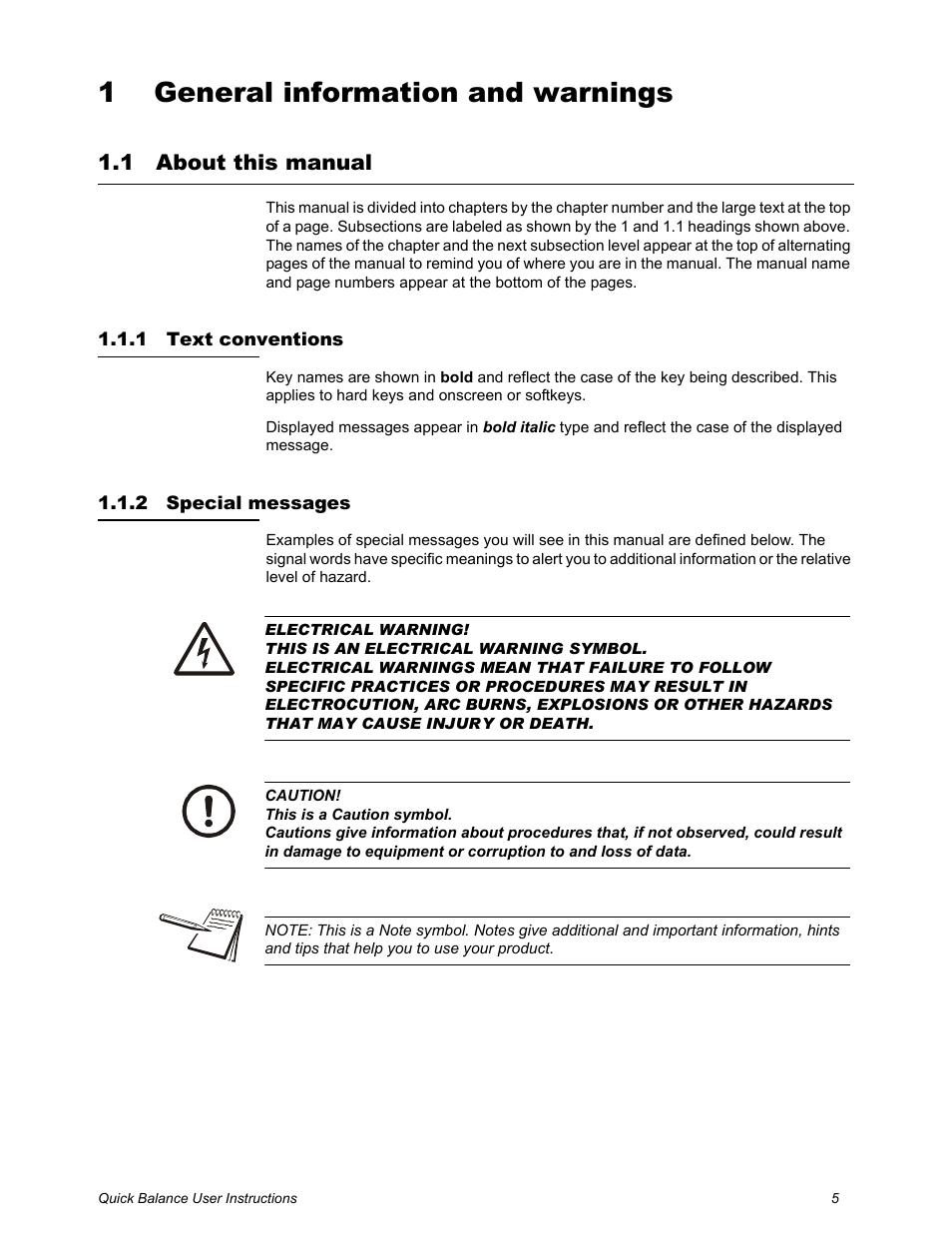 1 general information and warnings, 1 about this manual, 1 text conventions | 2 special messages, Chapter 1 general information and warnings, About this manual, Text conventions special messages | Dillon Quick Balance Tension Meter User Manual | Page 5 / 26