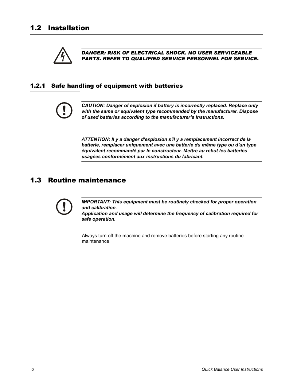 2 installation, 1 safe handling of equipment with batteries, 3 routine maintenance | Installation, Safe handling of equipment with batteries, Routine maintenance | Dillon Quick Balance Tension Meter User Manual | Page 6 / 26