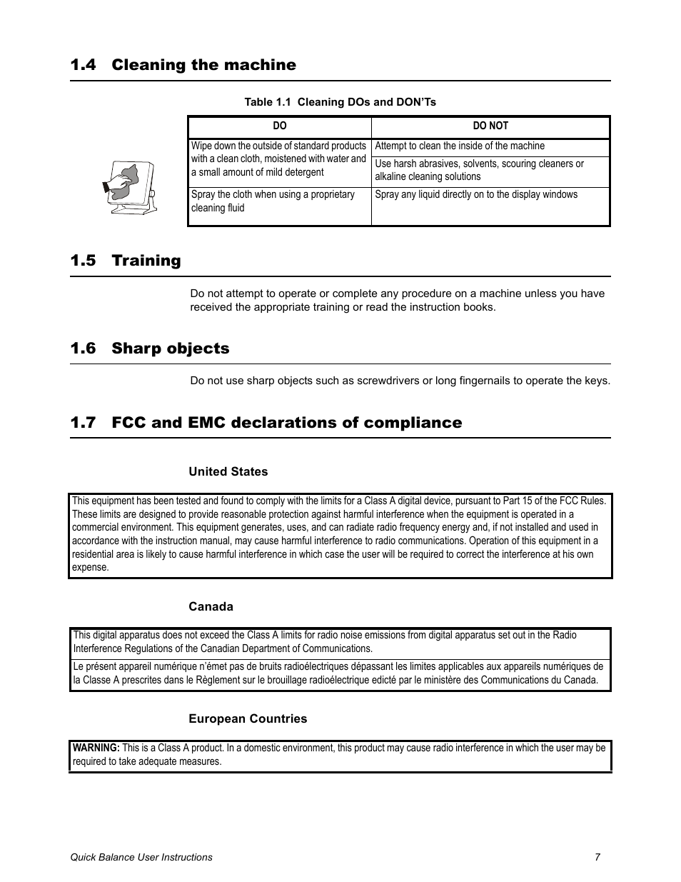 4 cleaning the machine, 5 training, 6 sharp objects | 7 fcc and emc declarations of compliance, 4 cleaning the machine 1.5 training | Dillon Quick Balance Tension Meter User Manual | Page 7 / 26