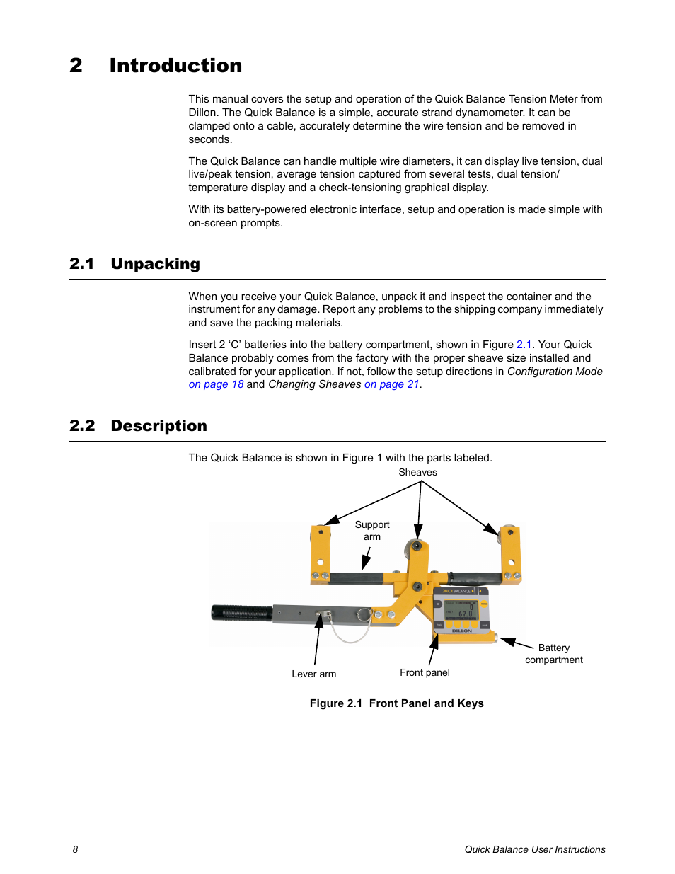 2 introduction, 1 unpacking, 2 description | Chapter 2 introduction, Unpacking description | Dillon Quick Balance Tension Meter User Manual | Page 8 / 26