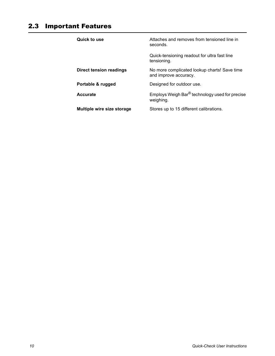 3 important features, Important features | Dillon Quick-Check Wire Tension Meter (Old) User Manual | Page 10 / 28