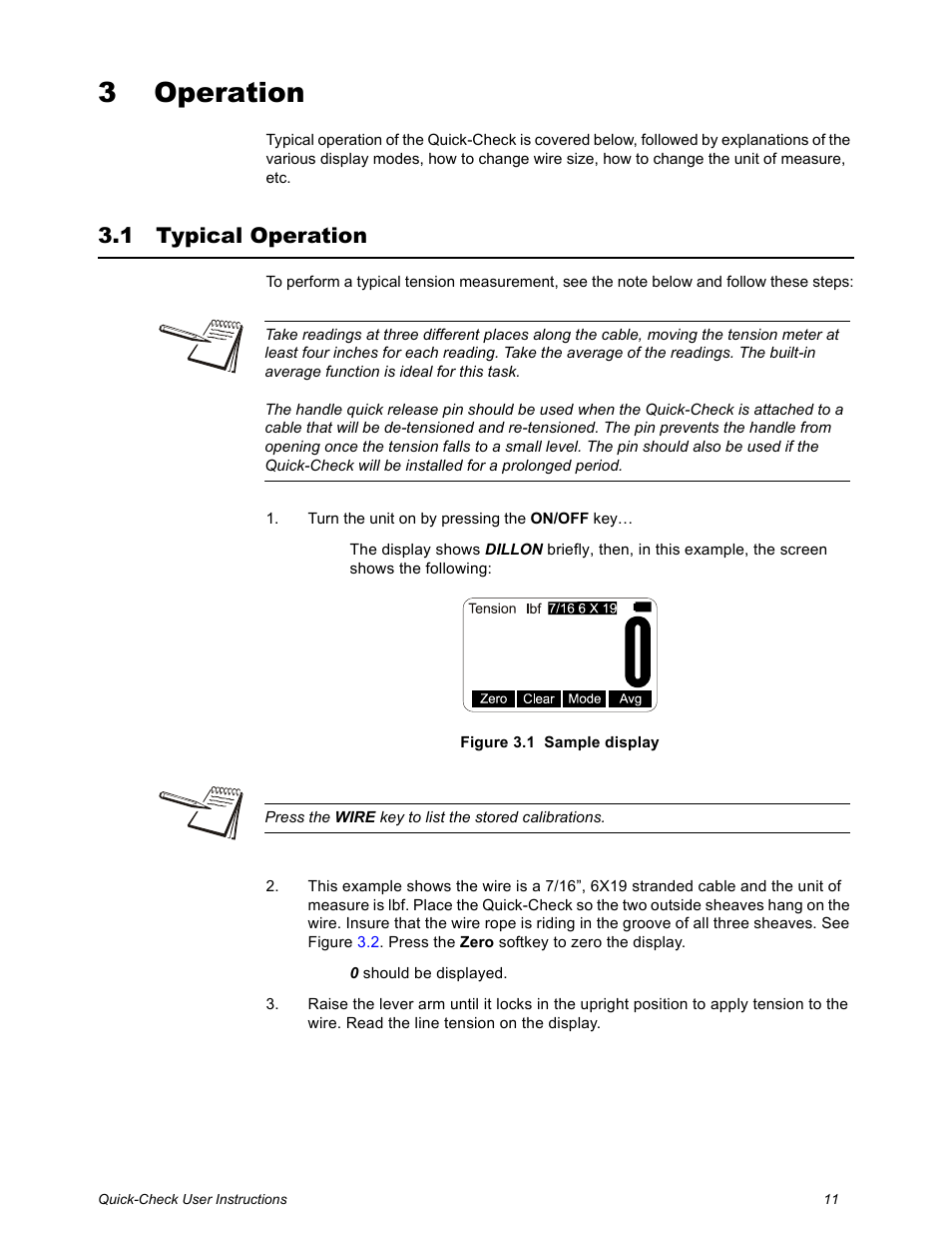 3 operation, 1 typical operation, Chapter 3 operation | Typical operation | Dillon Quick-Check Wire Tension Meter (Old) User Manual | Page 11 / 28