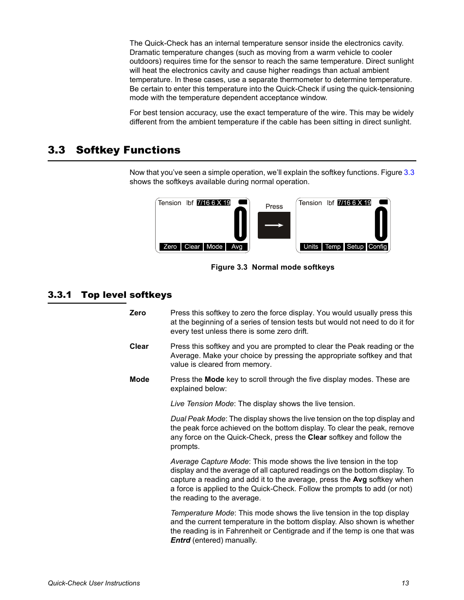 3 softkey functions, 1 top level softkeys, Softkey functions | Top level softkeys | Dillon Quick-Check Wire Tension Meter (Old) User Manual | Page 13 / 28