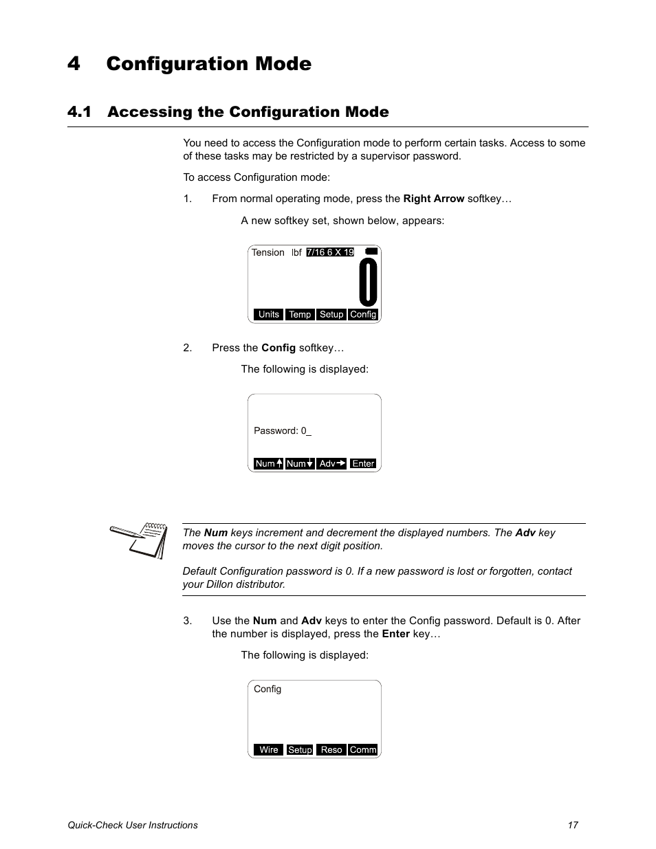 4 configuration mode, 1 accessing the configuration mode, Chapter 4 configuration mode | Accessing the configuration mode | Dillon Quick-Check Wire Tension Meter (Old) User Manual | Page 17 / 28