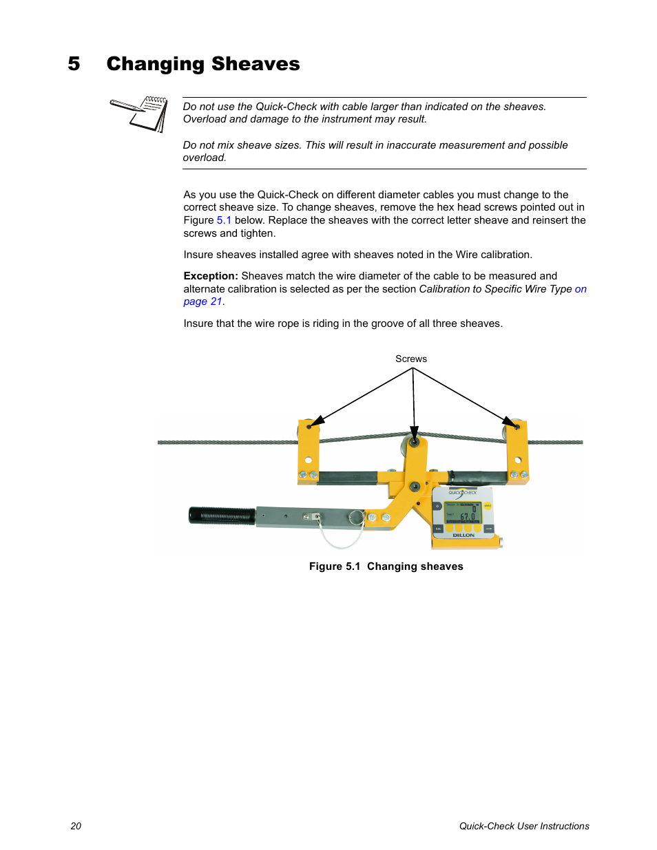 5 changing sheaves, Chapter 5 changing sheaves | Dillon Quick-Check Wire Tension Meter (Old) User Manual | Page 20 / 28