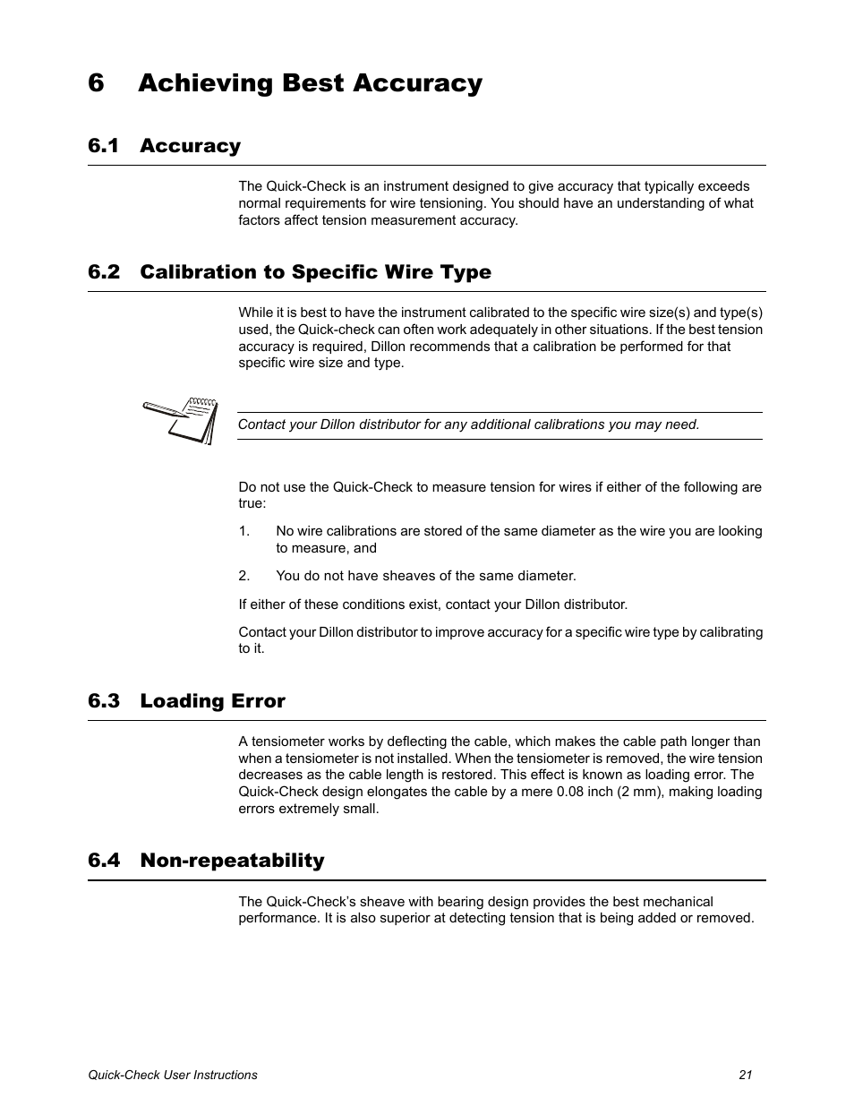 6 achieving best accuracy, 1 accuracy, 2 calibration to specific wire type | 3 loading error, 4 non-repeatability, Chapter 6 achieving best accuracy, N calibration to specific wire type | Dillon Quick-Check Wire Tension Meter (Old) User Manual | Page 21 / 28