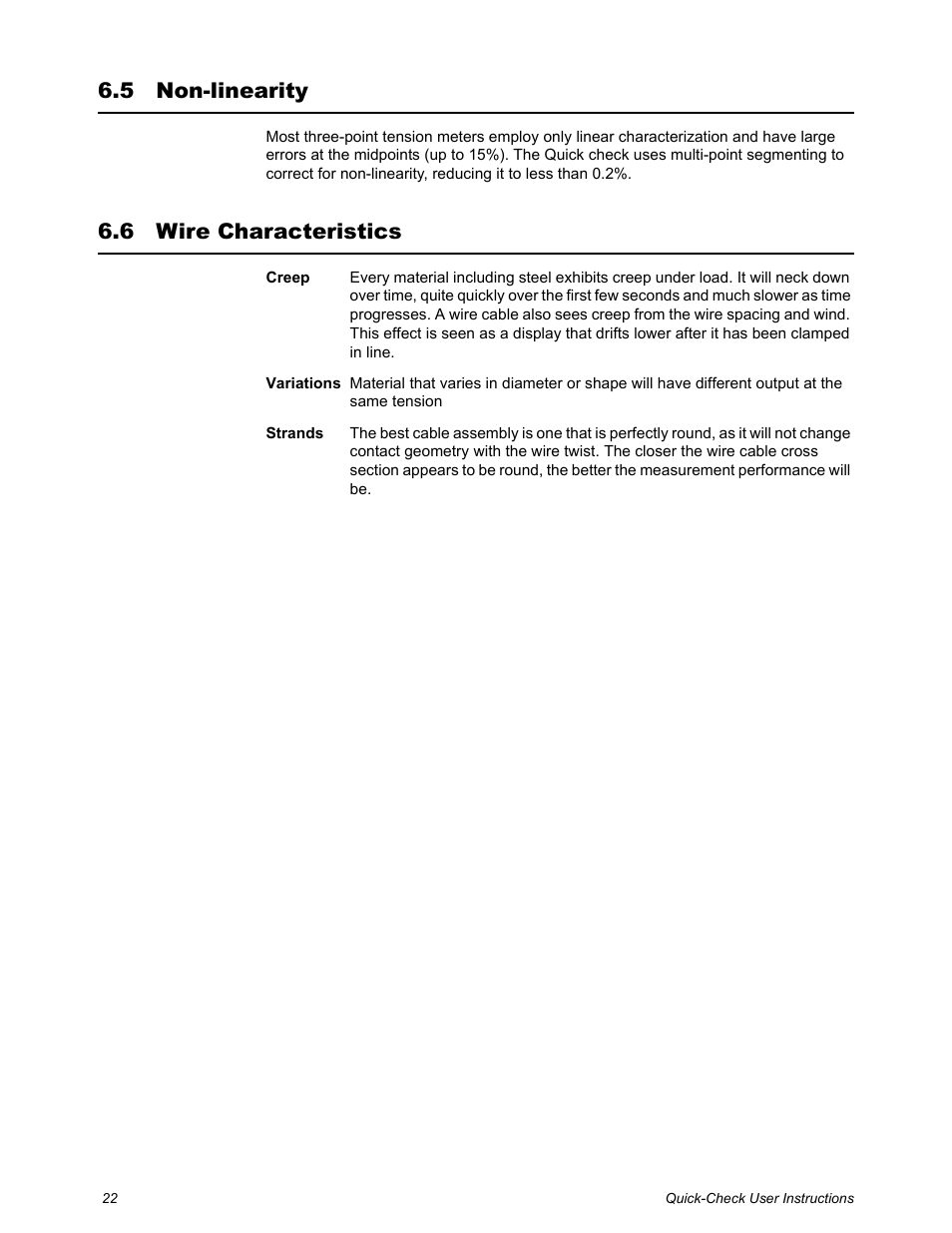 5 non-linearity, 6 wire characteristics, Non-linearity wire characteristics | Dillon Quick-Check Wire Tension Meter (Old) User Manual | Page 22 / 28