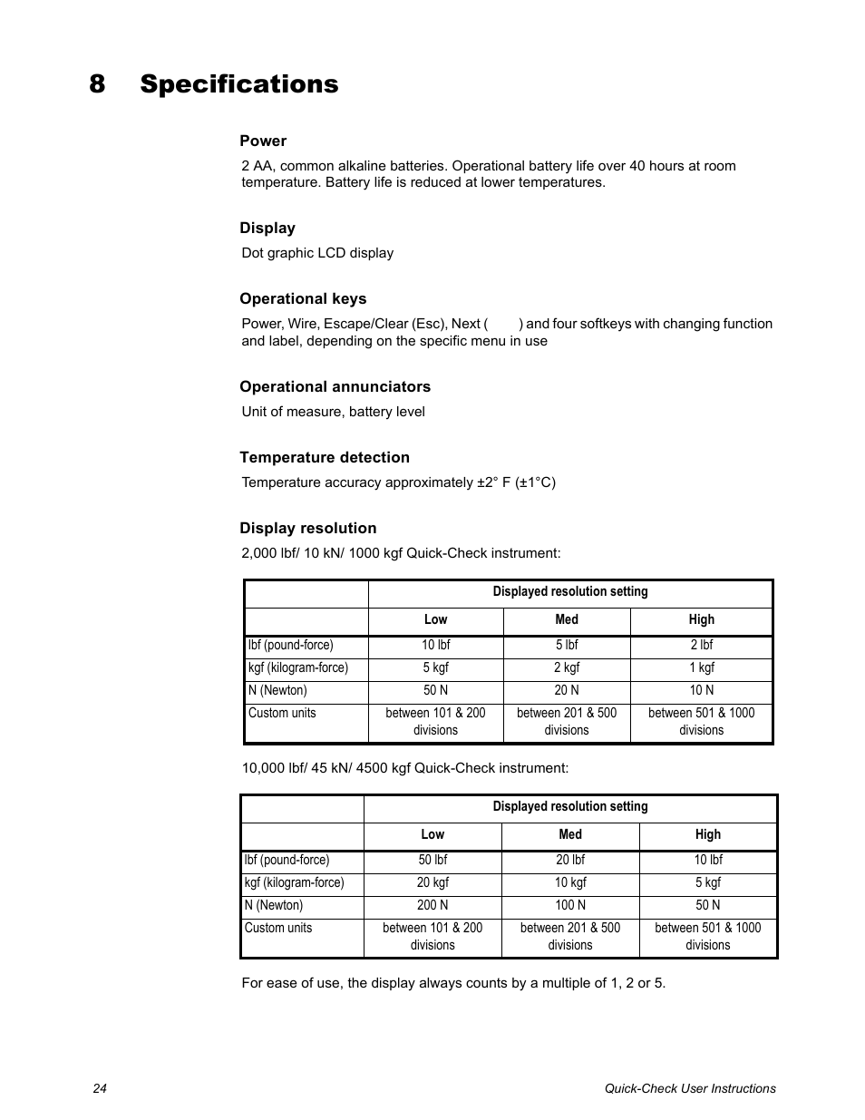 8 specifications, Chapter 8 specifications | Dillon Quick-Check Wire Tension Meter (Old) User Manual | Page 24 / 28