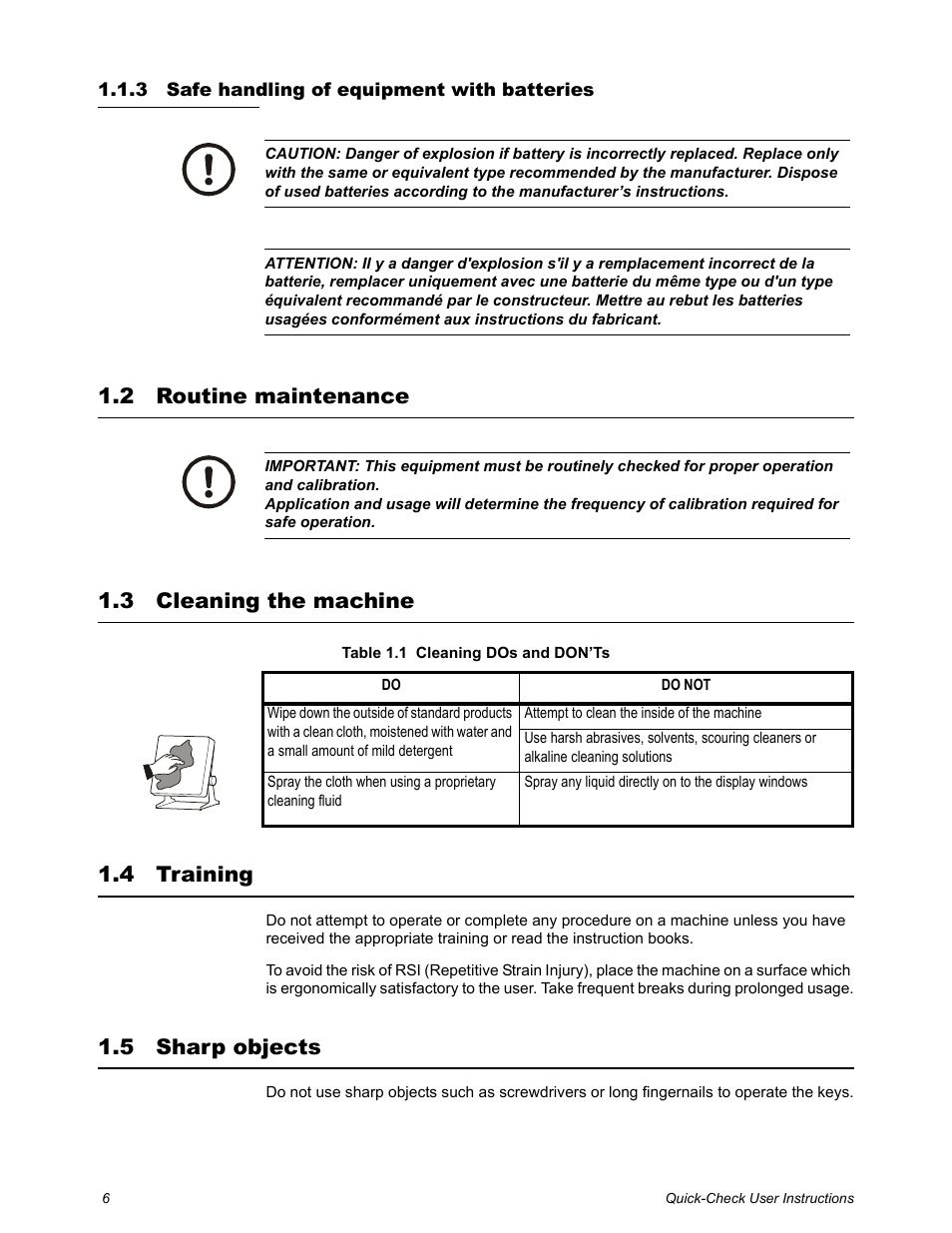 3 safe handling of equipment with batteries, 2 routine maintenance, 3 cleaning the machine | 4 training, 5 sharp objects, Safe handling of equipment with batteries | Dillon Quick-Check Wire Tension Meter (Old) User Manual | Page 6 / 28