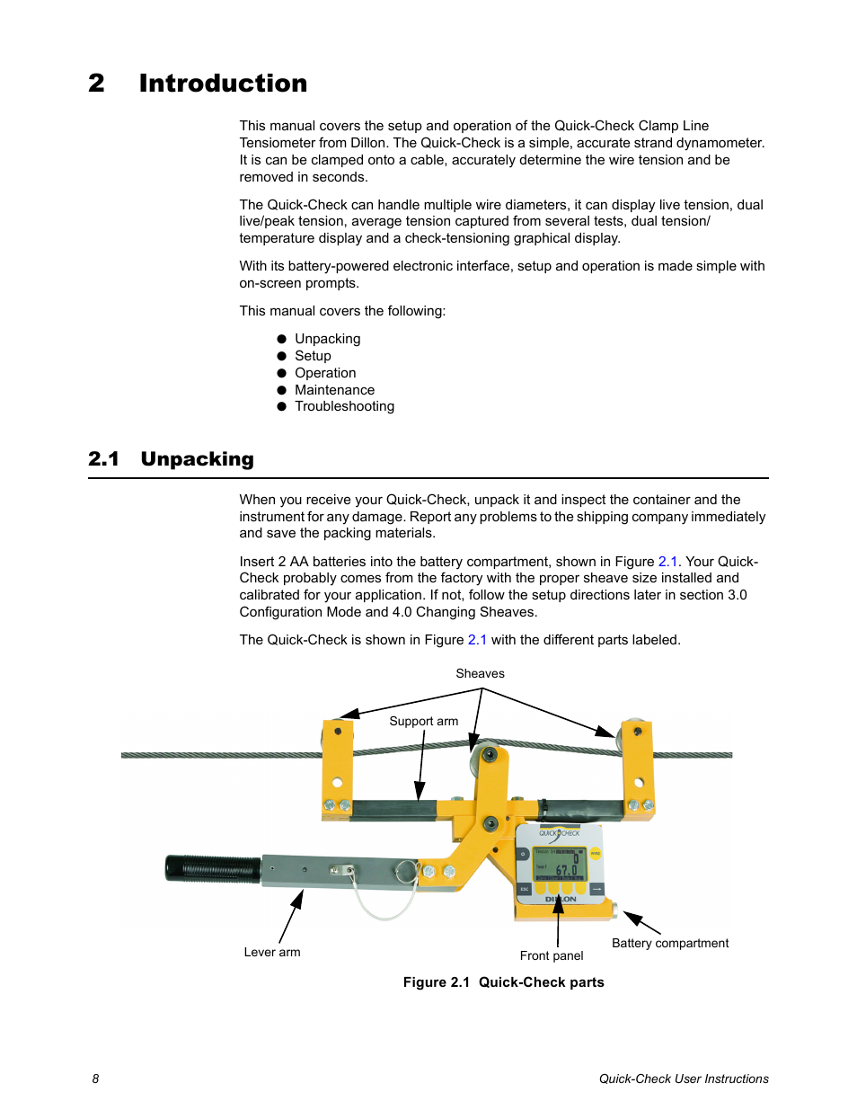 2 introduction, 1 unpacking, Chapter 2 introduction | Unpacking | Dillon Quick-Check Wire Tension Meter (Old) User Manual | Page 8 / 28