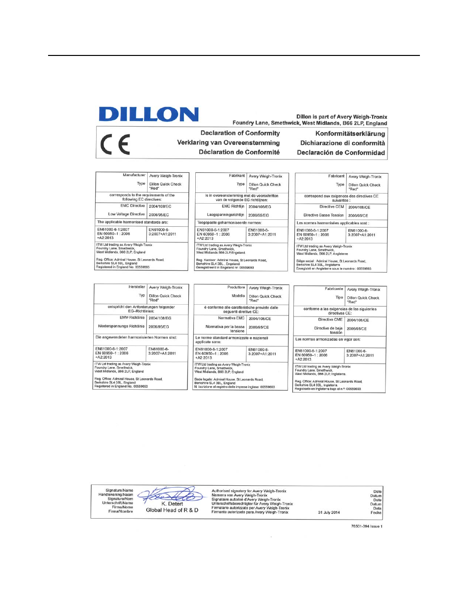 7 declaration of conformity (quick check red), Declaration of conformity (quick check red) | Dillon Quick-Check Wire Tension Meter (Red) User Manual | Page 8 / 38